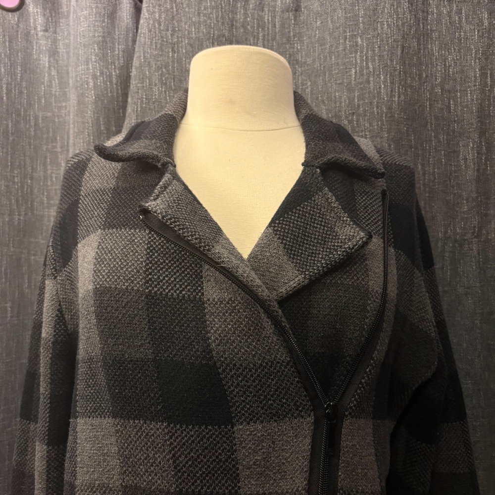 Chaps Gray Black Buffalo Plaid Asymmetrical Zip Moto Knit Jacket (Women's XL) - Picture 2 of 6